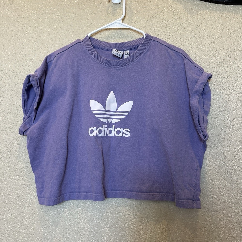 Adidas Womens T-shirt Cropped Size xL Purple Cotton Solid Trefoil Boxy Fit